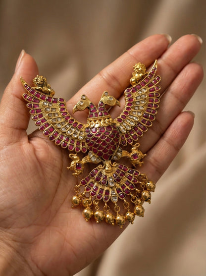 Antique gold tone kundan jadau Gandaberunda pendant dj-48799