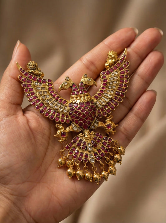 Antique gold tone kundan jadau Gandaberunda pendant dj-48799