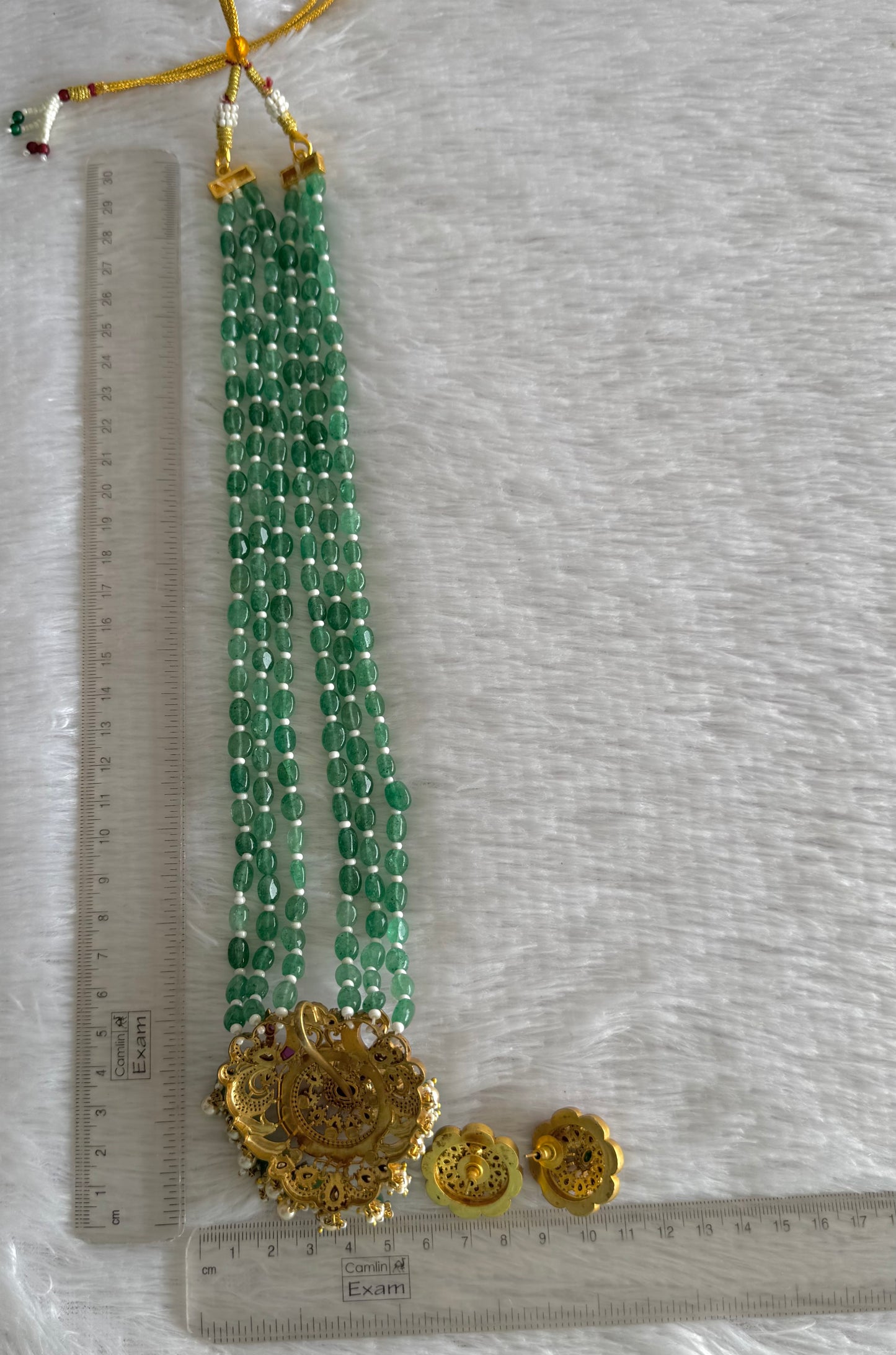 Matte finish pink-green-white kundan jadau green beaded peacock haar set dj-52234