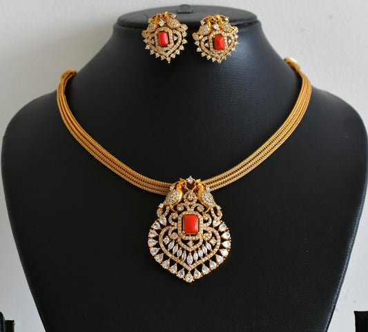 Matte finish white-coral stone peacock choker/necklace set dj-54016