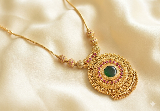 Gold tone pink-green round Kerala style necklace dj-37764