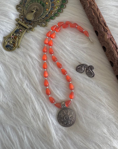 Silver Tone Orange Moonlight beaded Necklace Set Dj-51333