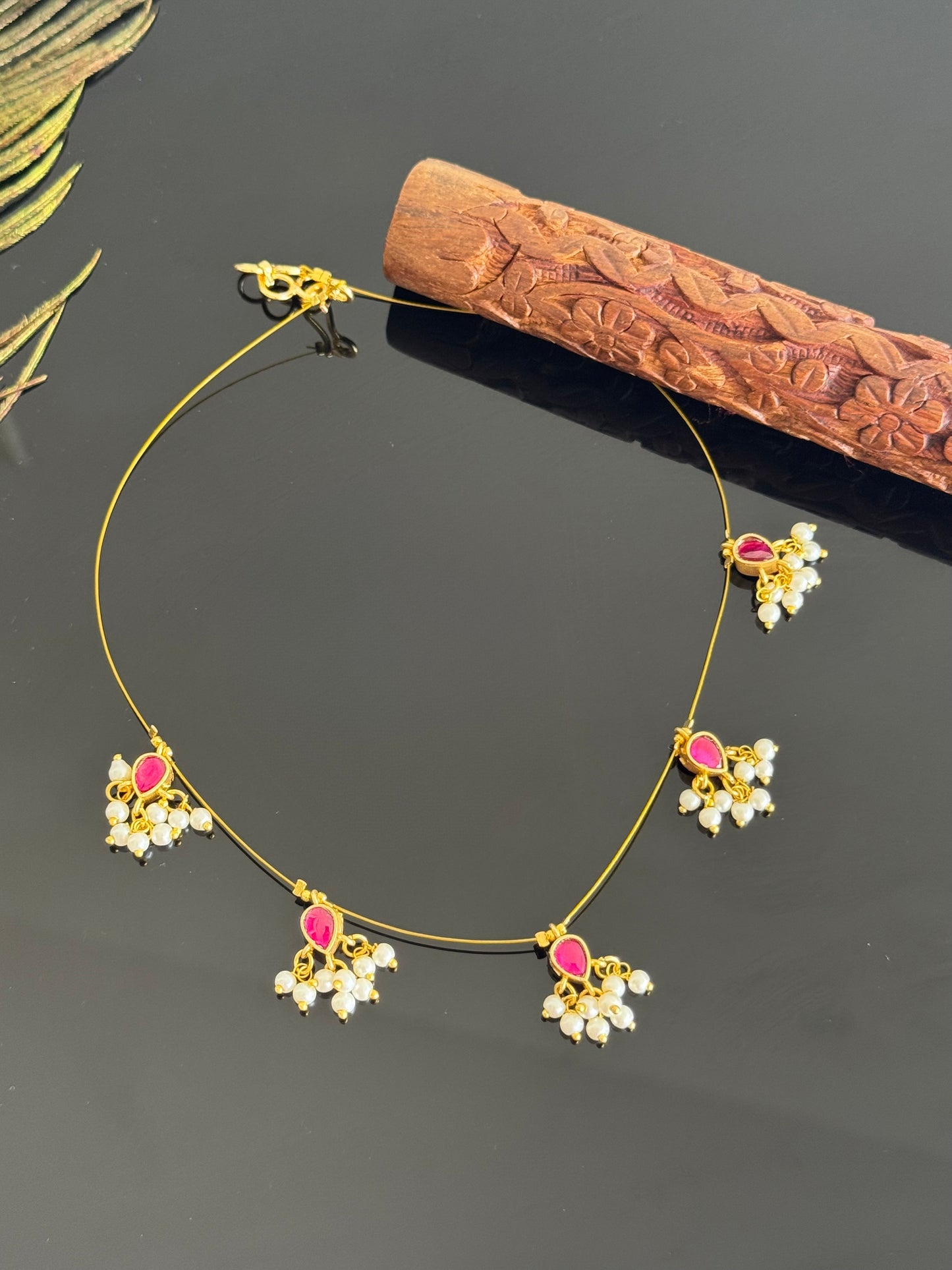 Gold tone pink-green kundan jadau reversible invisible necklace dj-51548