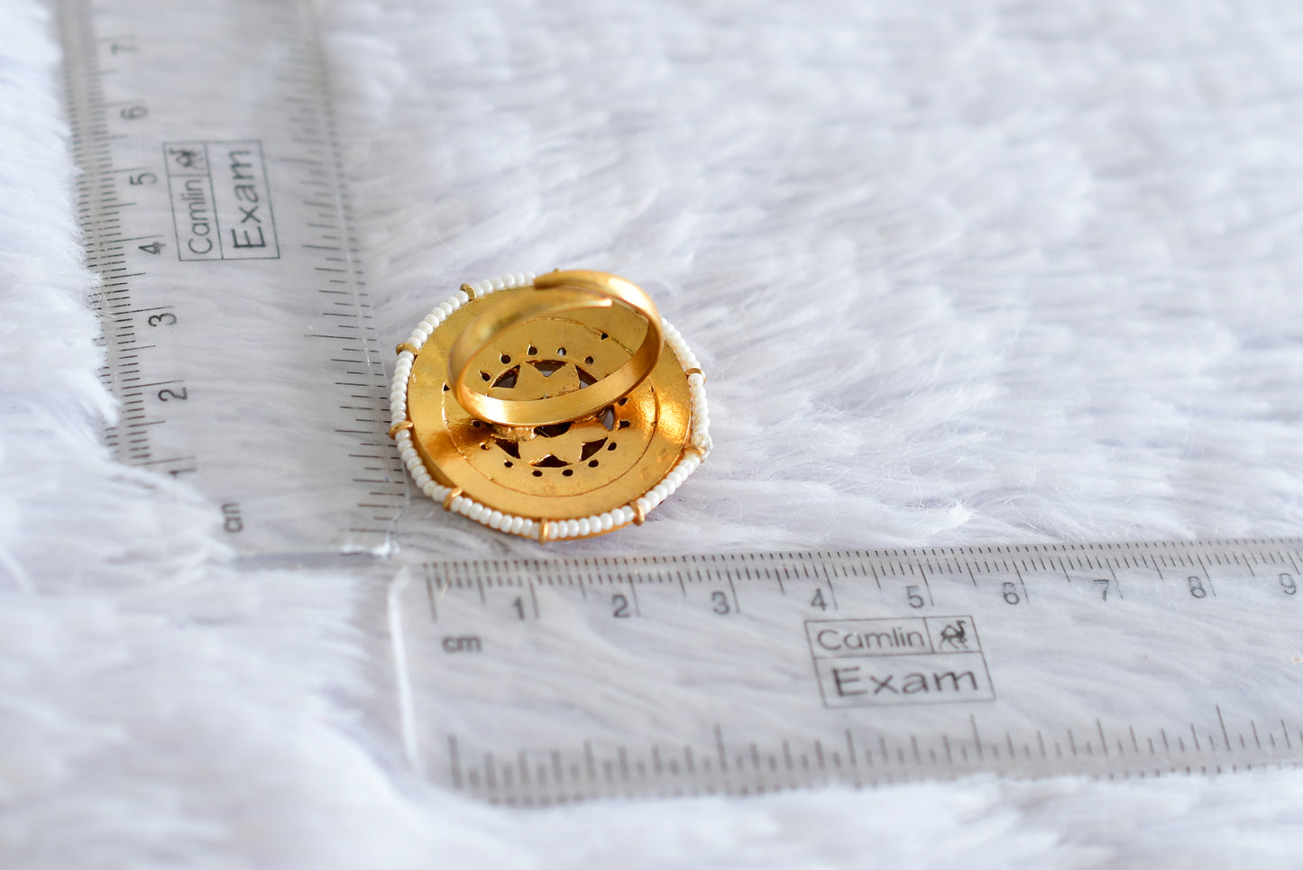 Gold tone pink-green-pearl kundan jadau round finger ring dj-52371