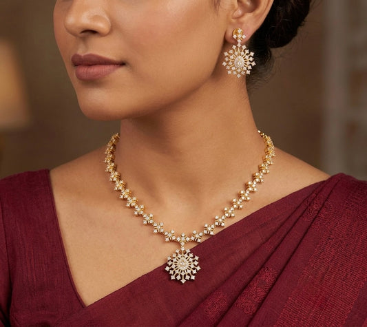 Gold tone cz white stone necklace set dj-54336