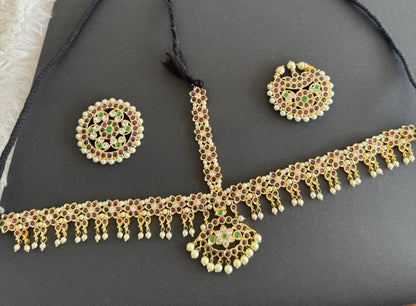 Gold tone precious kemp-green-white pearl cluster with sun and moon head set/tikka dj-52014