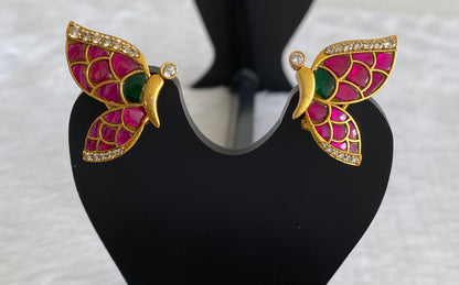 Gold tone pink-green-white kundan jadau butterfly earrings dj-53529
