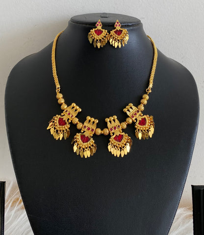 Gold tone kerala style pink-red palakka elakka necklace set dj-54695