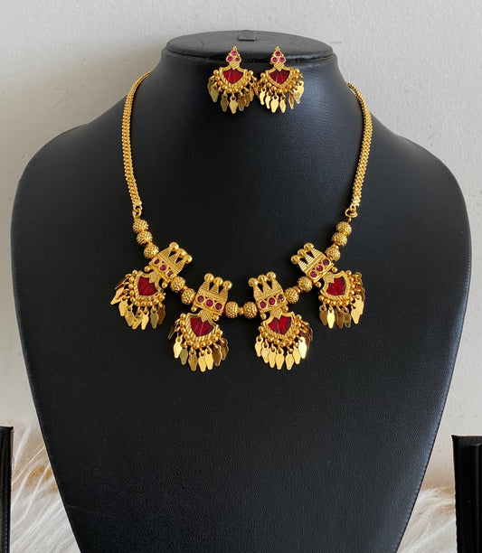 Gold tone kerala style pink-red palakka elakka necklace set dj-54695