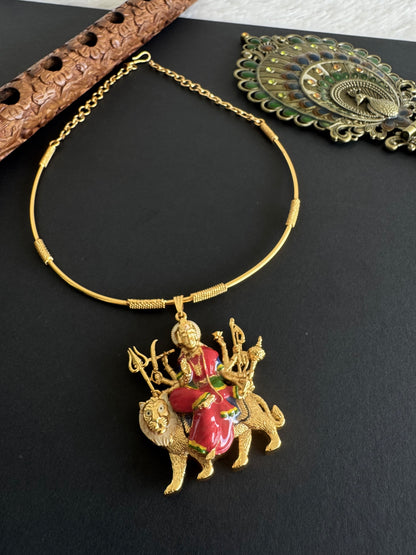 Matte finish Red meenakari Ma Durga pendant hasli necklace dj-52074