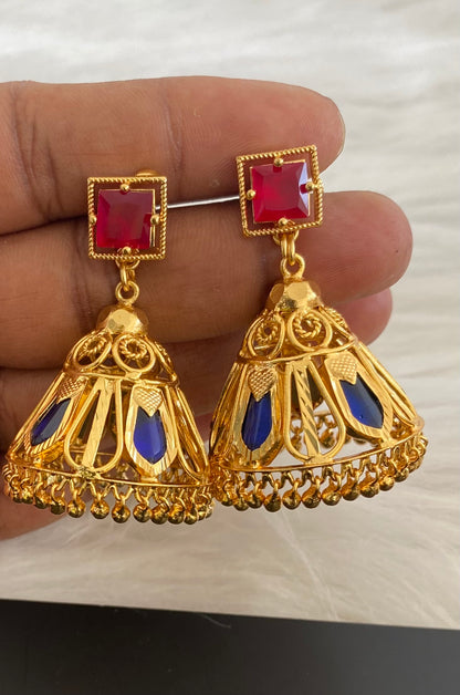 Gold tone kerala style ruby-blue nagapadam jhumkka dj-53828