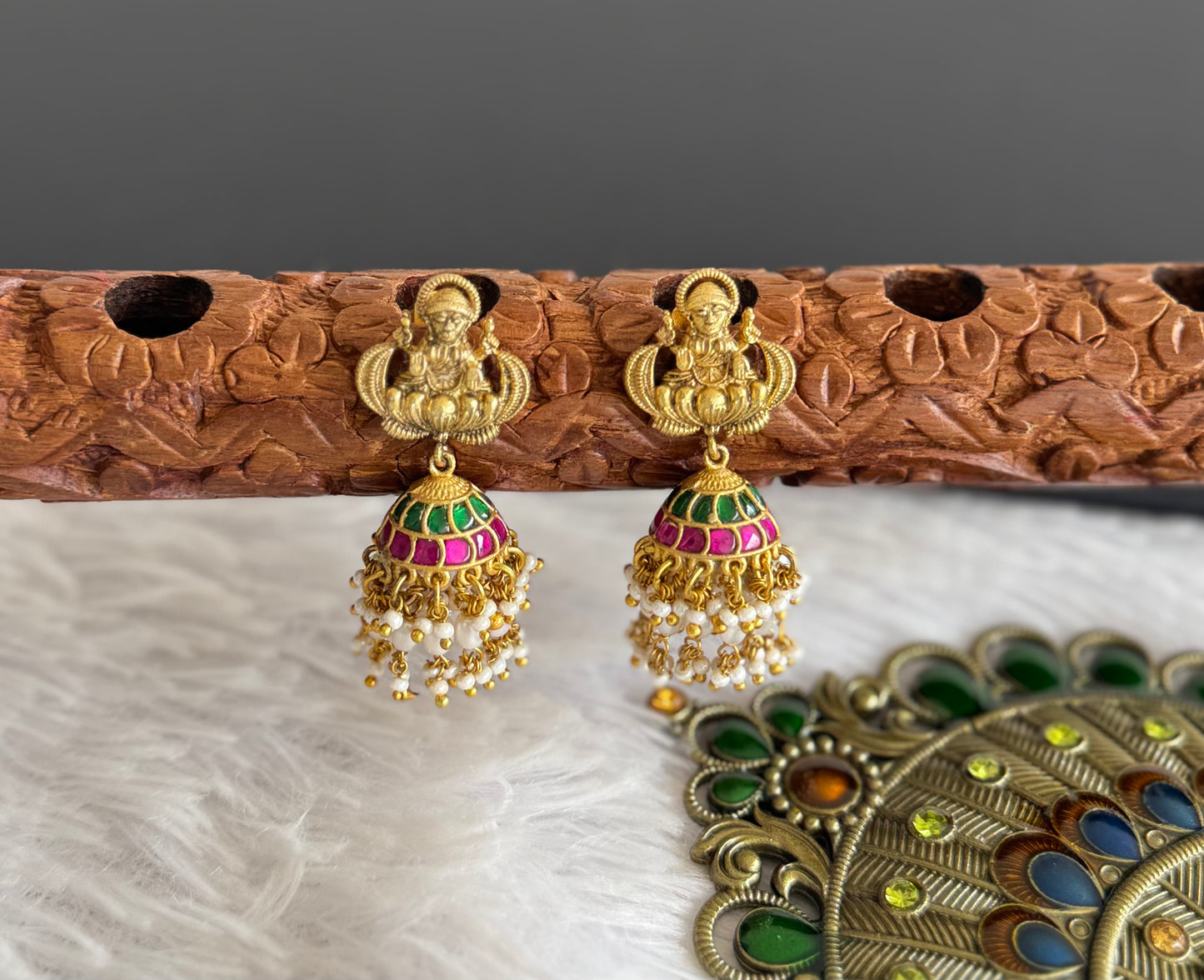 Gold tone pink-green-white kundan jadau lakshmi green beaded jhumkka dj-51506