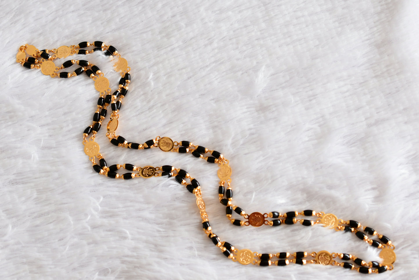 Gold tone 30 inches black beaded Lakshmi coin chain dj-51839