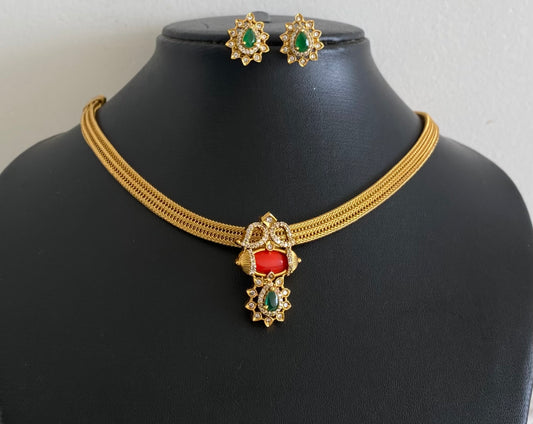 Antique gold tone coral white-green stone necklace set dj-54270