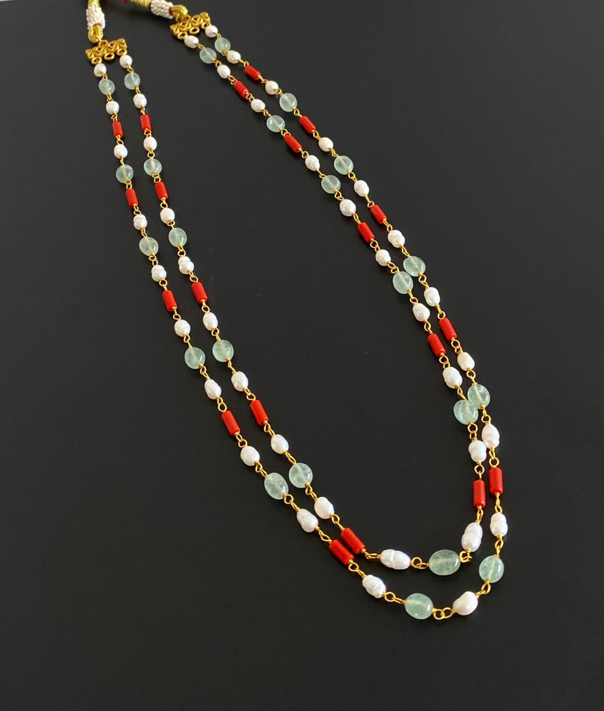 Antique gold tone double layer coral-pearl beaded necklace dj-54980