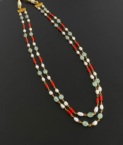 Antique gold tone double layer coral-pearl beaded necklace dj-54980