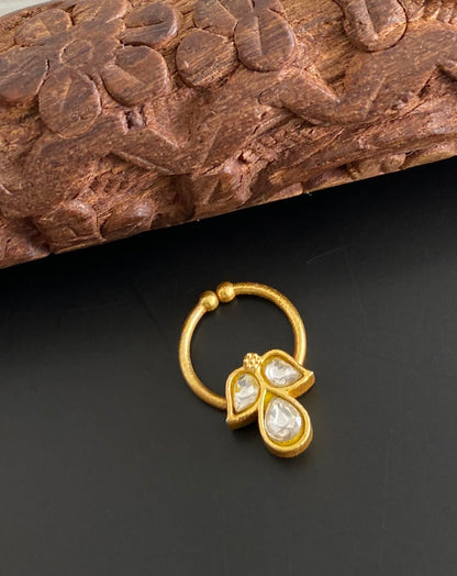 Gold tone kundan jadau white stone nose pin/bulakku dj-53772