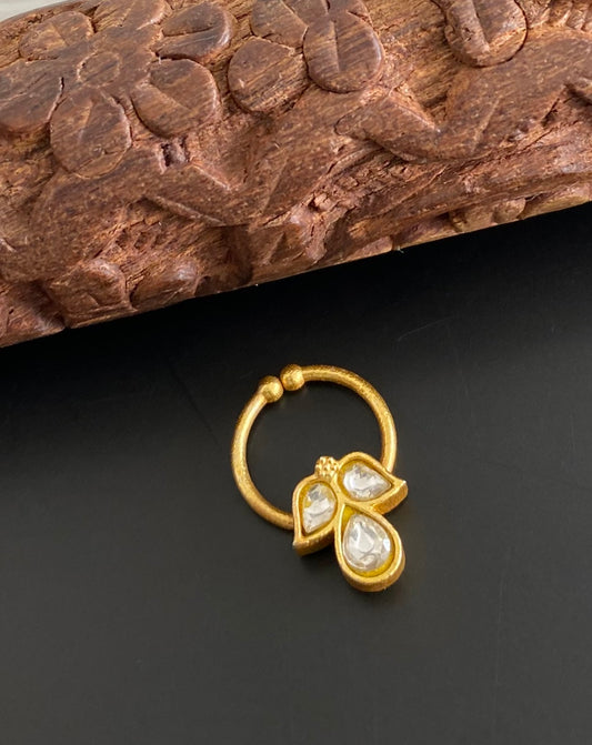 Gold tone kundan jadau white stone nose pin/bulakku dj-53772