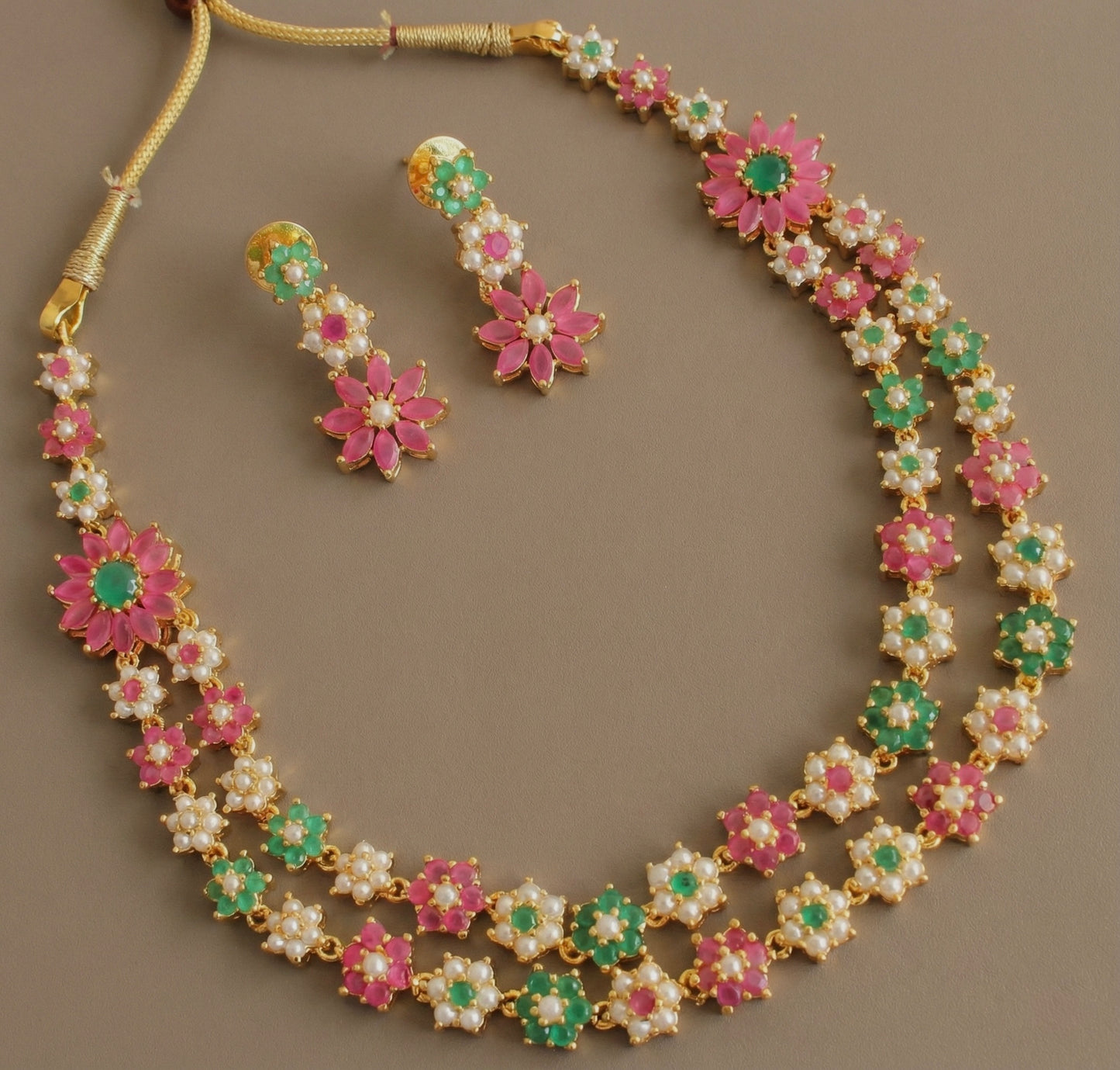Gold tone Ruby-green-pearl nakshatra double layer Necklace Set DJ24448