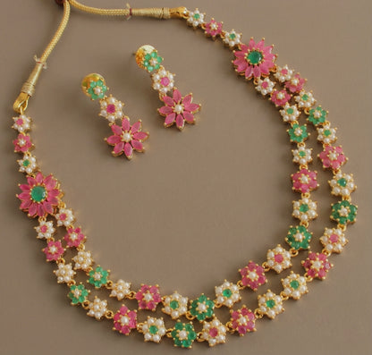Gold tone Ruby-green-pearl nakshatra double layer Necklace Set DJ24448