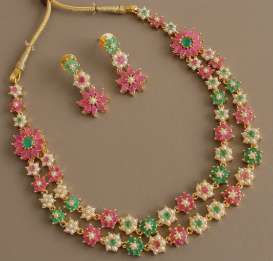 Gold tone Ruby-green-pearl nakshatra double layer Necklace Set DJ24448