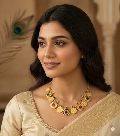 Gold tone kerala style red-green round lakshmi coin necklace dj-51692