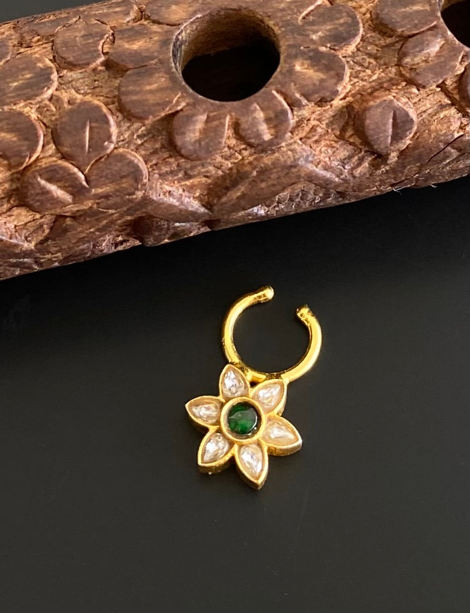 Gold tone kundan jadau white-green stone flower nose pin/bulakku dj-53774