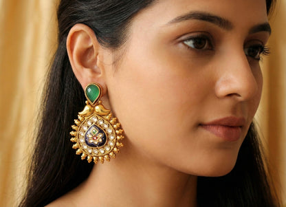 Antique gold tone Meenakari Green-blue Earrings -dj17076