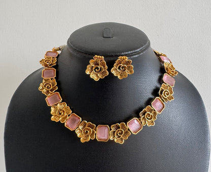 Antique gold flower baby pink block stone necklace set dj-52098