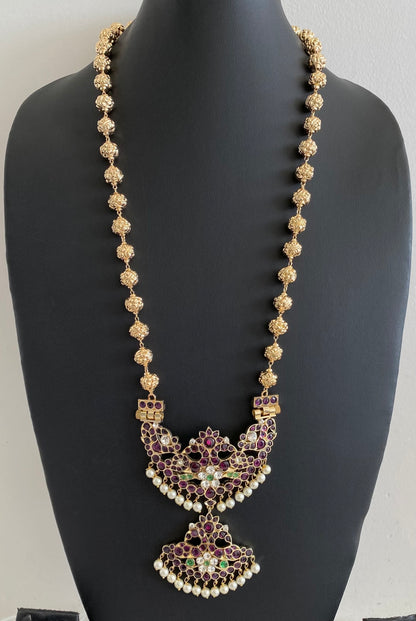 Gold tone precious kemp-green-white peacock flower nakshi beaded haar dj-54732