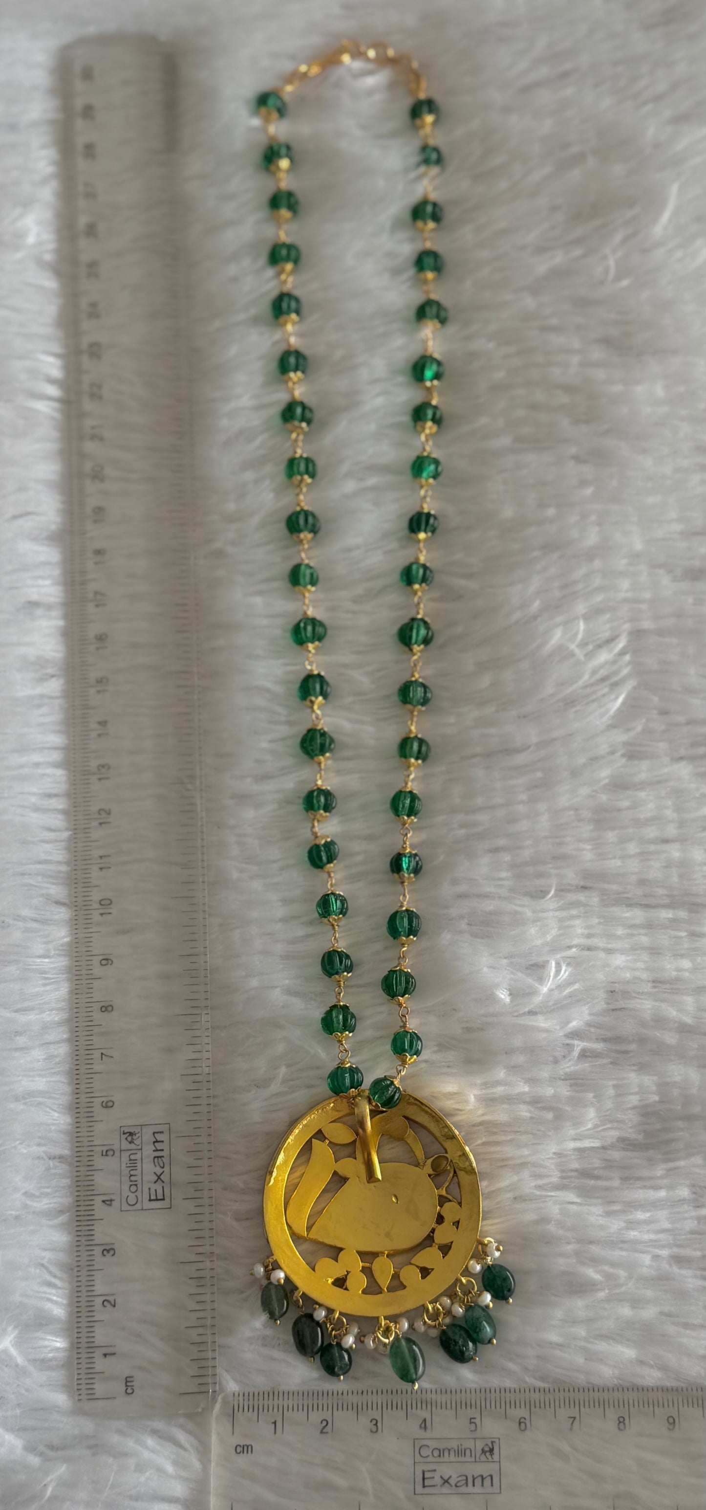Gold tone white kundan jadau pumpkin green peacock beaded necklace dj-51535