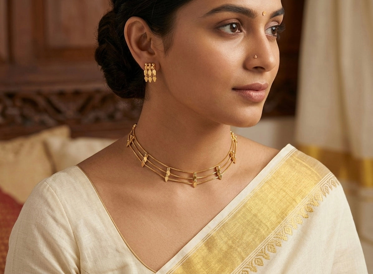 Gold tone kerala style elakka thali layer choker necklace set dj-53107