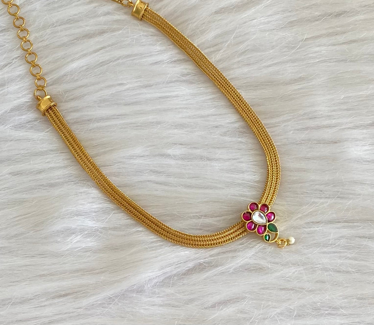 Matte finish pink-green-white kundan jadau flower choker/necklace dj-55084