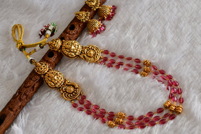 Antique gold tone magenta pink beaded lakshmi peacock multi layer haar set dj-52427