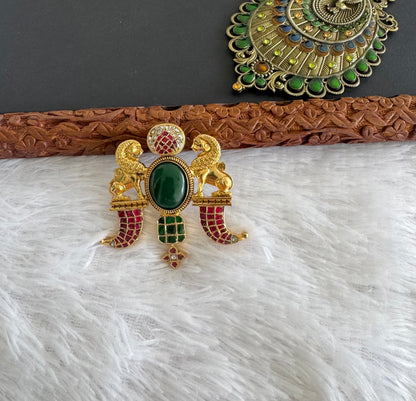 Antique gold tone pink-green-white kundan jadau Simha pendant dj-51589