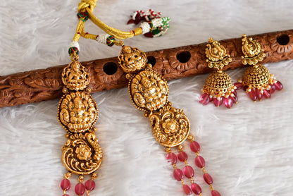 Antique gold tone magenta pink beaded lakshmi peacock multi layer haar set dj-52427