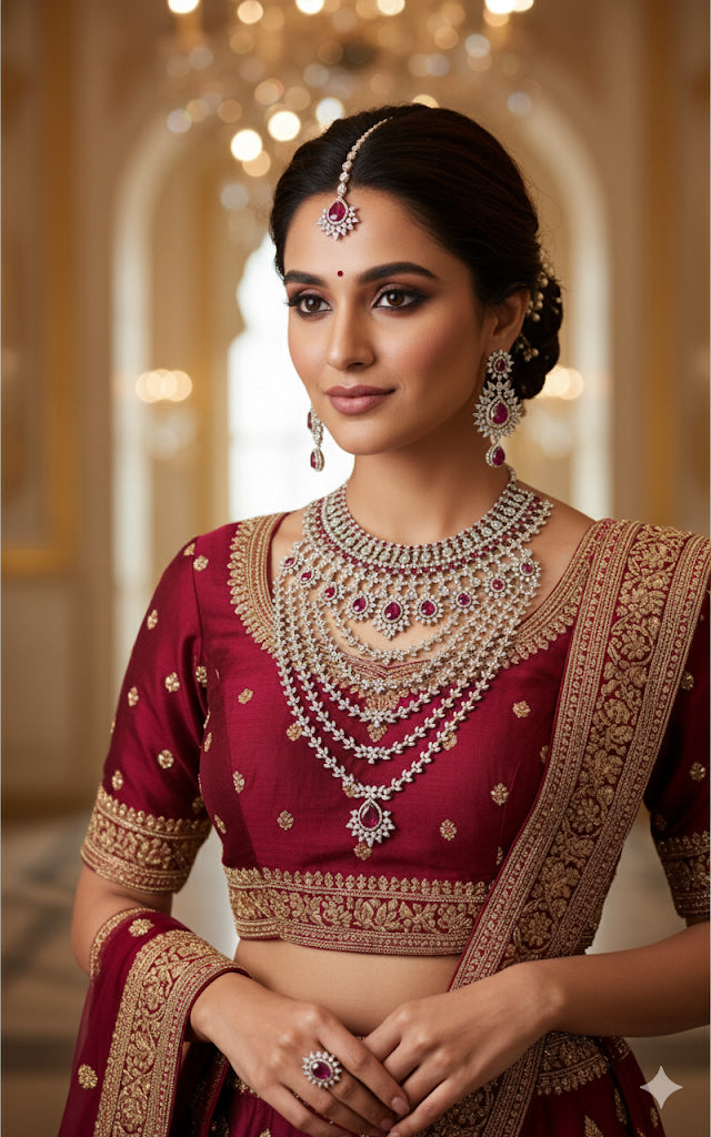 Silver tone maroon bridal combo Set dj-42752