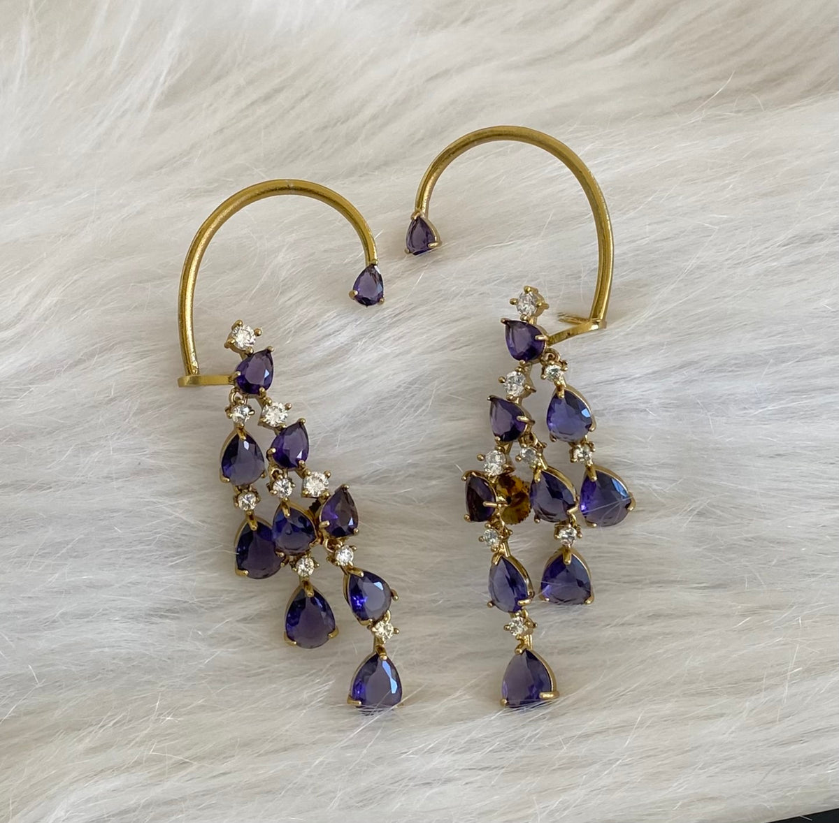 Antique gold tone purple-white stone khanpool earrings dj-54651