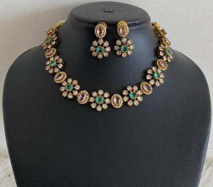 Antique gold tone cz white stone baby pink peacock green stone necklace set dj-54809