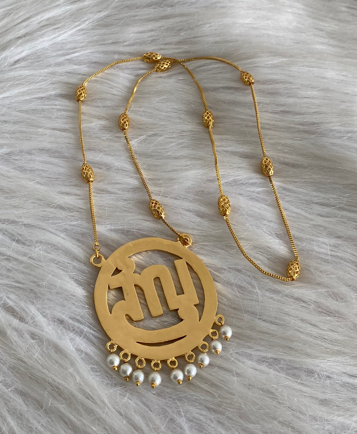 Gold tone 24 inches chain with AD pink tamil sree pendant dj-55184