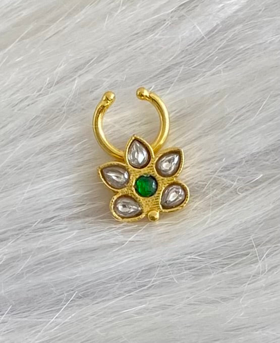 Gold tone kundan jadau green-white stone flower nose pin/bulakku dj-53779