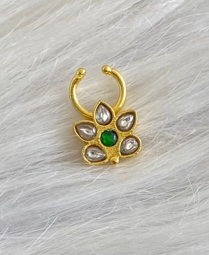 Gold tone kundan jadau green-white stone flower nose pin/bulakku dj-53779