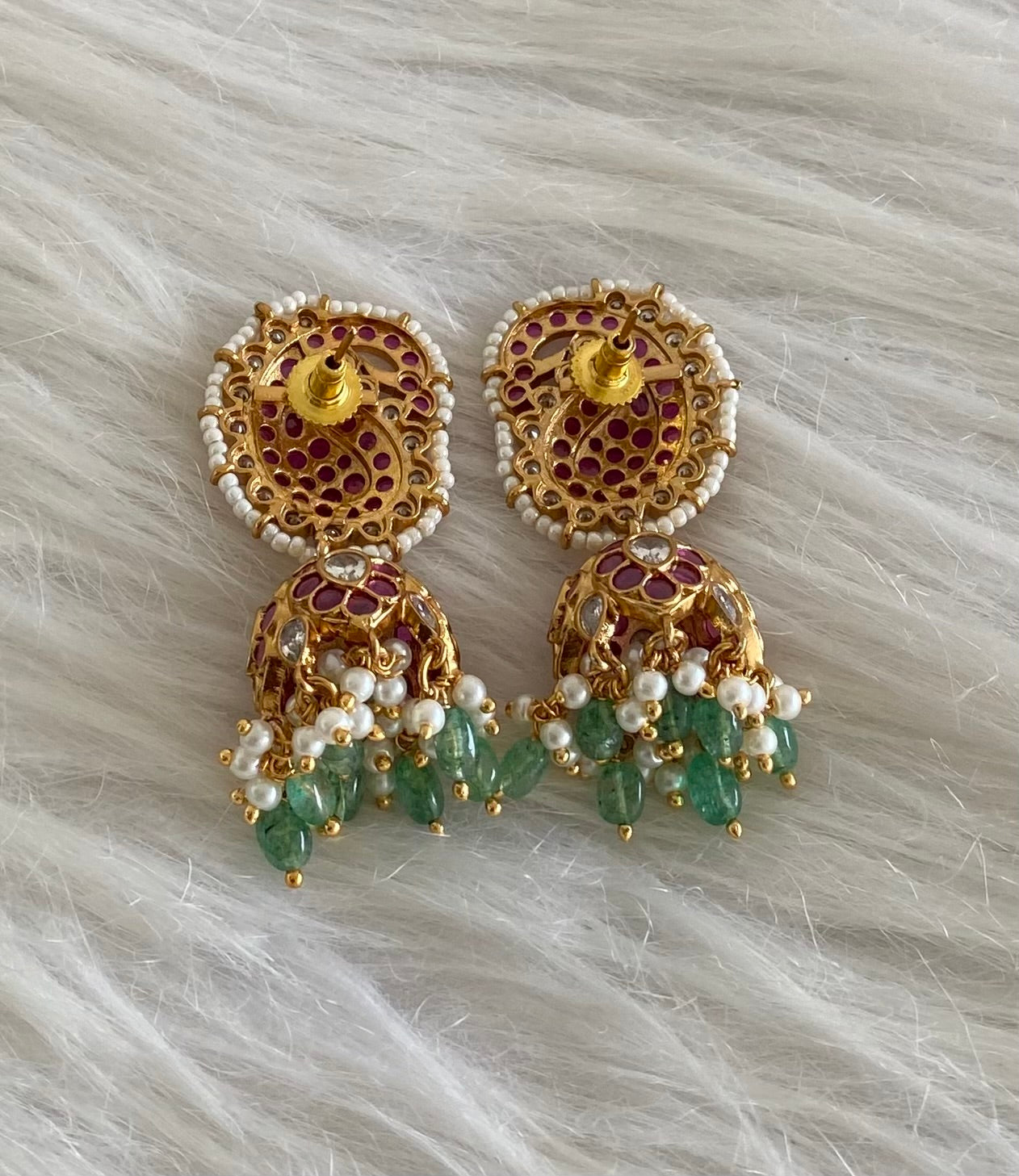 Gold tone kemp-white stone peacock mango green beaded pearl jhumkka dj-54591