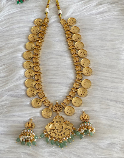 Antique gold tone peacock green beaded kundan jadau bottu mala/haar set dj-54159