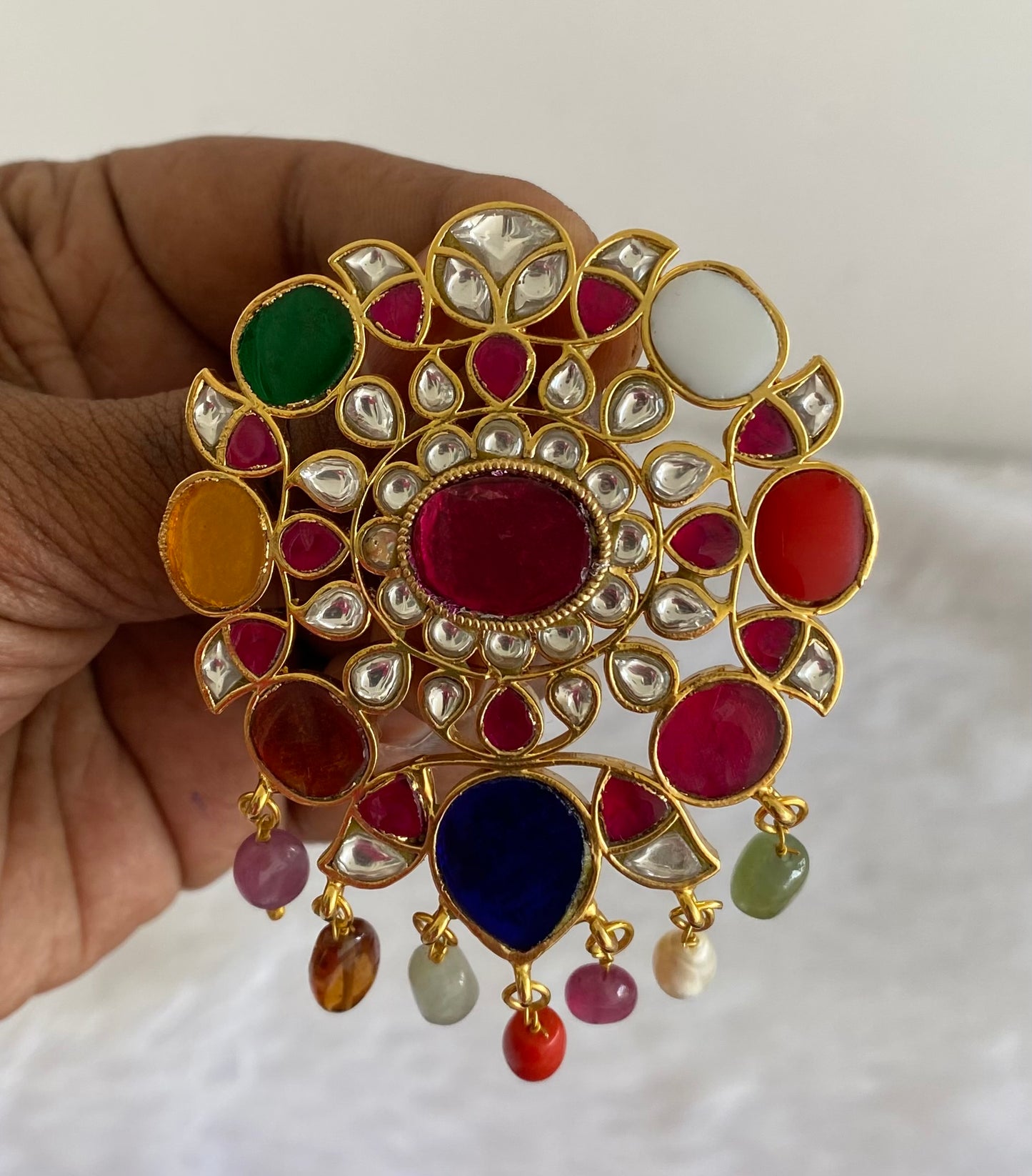 Gold tone navarathna kundan jadau flower pendant dj-51587