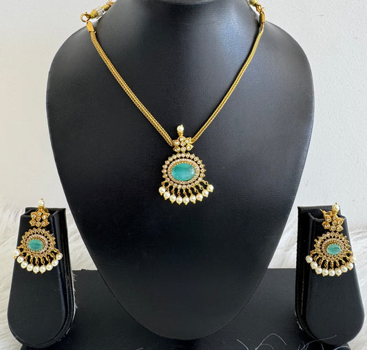 Antique gold tone cz sea green oval stone necklace set dj-51202