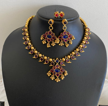 Antique gold tone kemp-blue stone reversible mango necklace set dj-54772