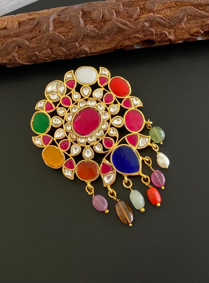 Gold tone navarathna kundan jadau flower pendant dj-51587