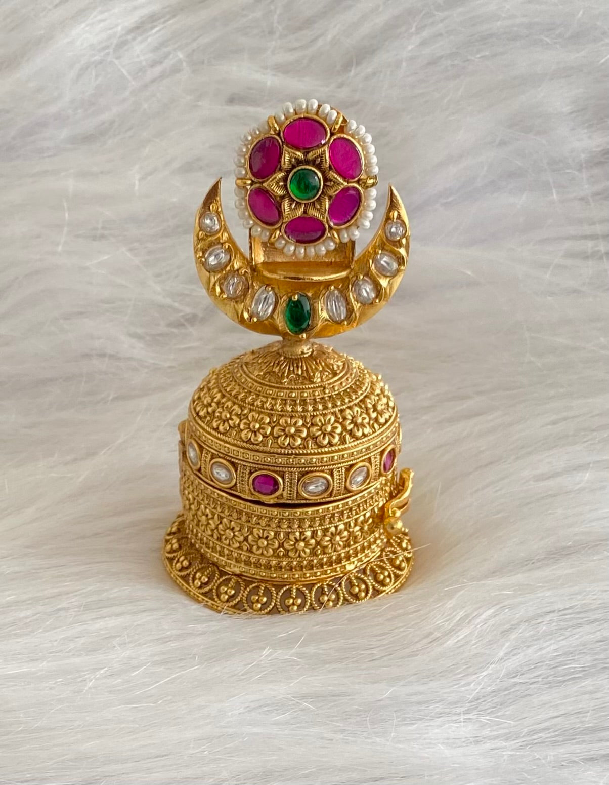 Gold tone pink -green-white kundan jadau flower kumkum box dj-54224