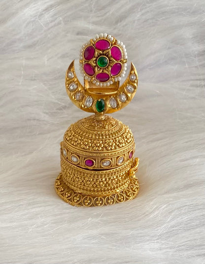 Gold tone pink -green-white kundan jadau flower kumkum box dj-54224